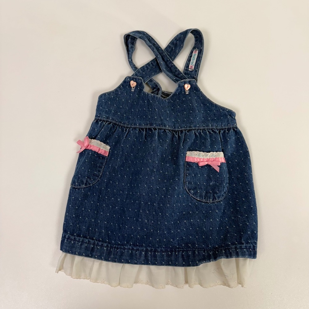 Healthtex Denim Jumper Dress - Heart Buttons Pockets Lace Bows Toddler Girl